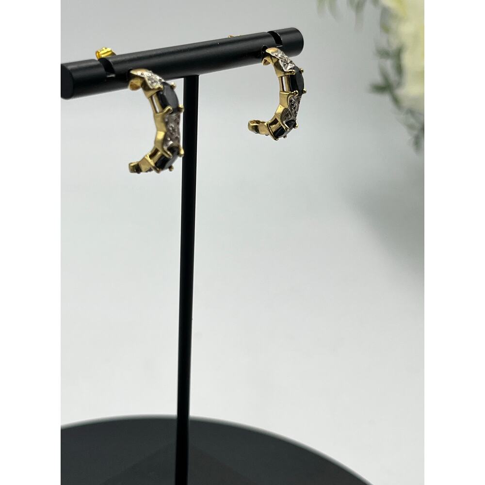 JJT 925 Sterling Vermeil Vintage Blue Topaz Diamond Half Hoop‎ J Post Earrings